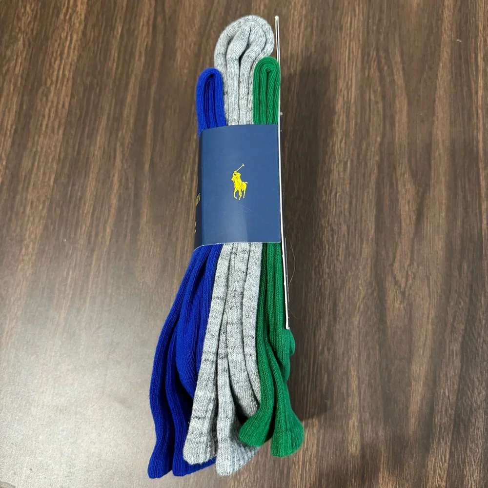 Polo Ralph Lauren 3 Pairs‎ Classic Sport Socks Green Blue Gray Shoe Size 12-17